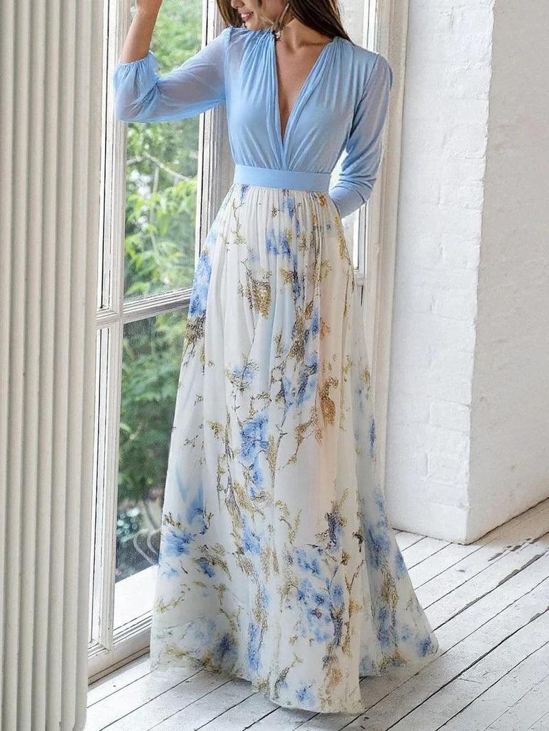 Elegant Blue Floral Maxi Dress for Women with V Neck Bishop Sleeve Flowing Wedding Guest Style