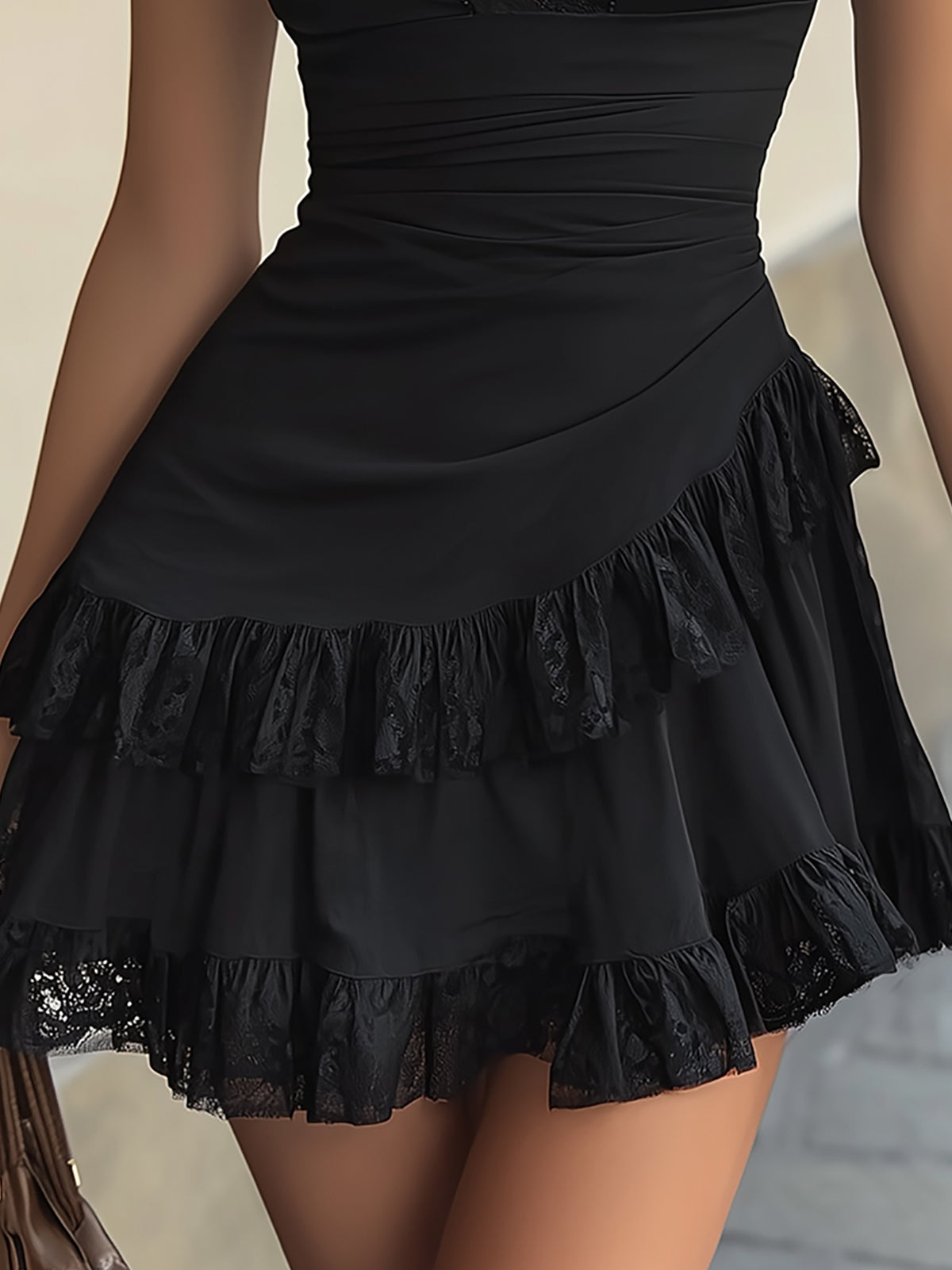 Elegant Black Lace Mini Dress for Women with V Neck Short Sleeve Ruched Tiered Ruffle Cocktail Style