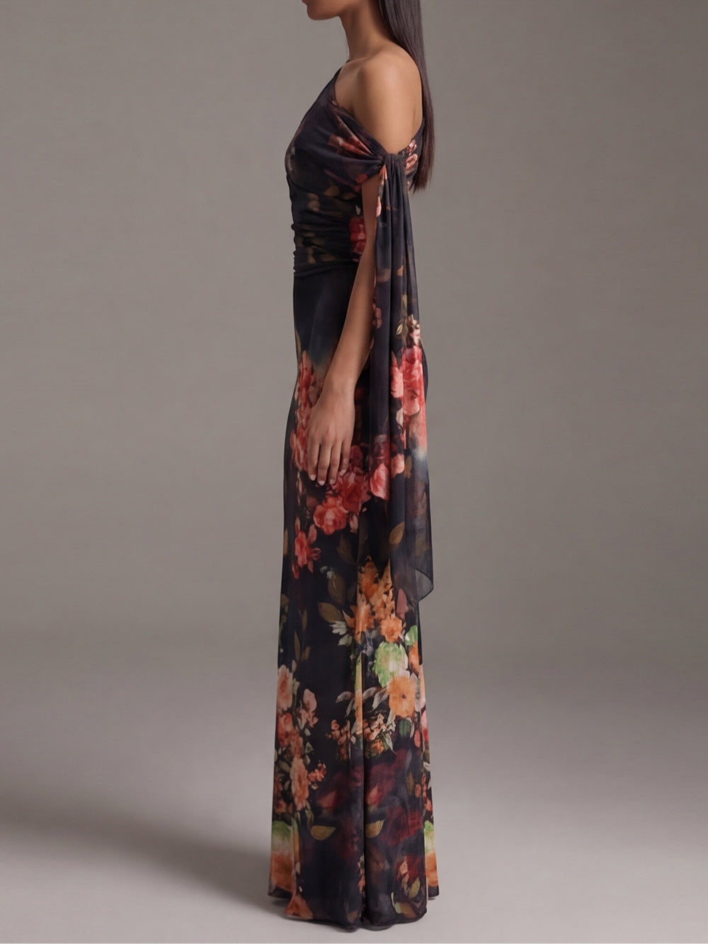 Elegant Black Floral Maxi Dress for Women with One Shoulder Draped Sleeve Column Flowing Formal Wedding Guest Style