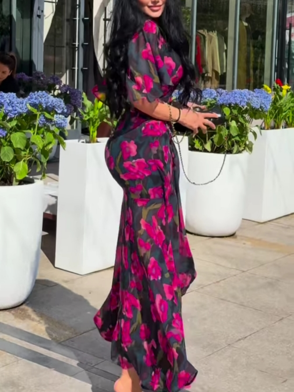 Elegant Black Floral Maxi Dress for Women with V Neck Flutter Sleeve Belted Wrap Flowing Style