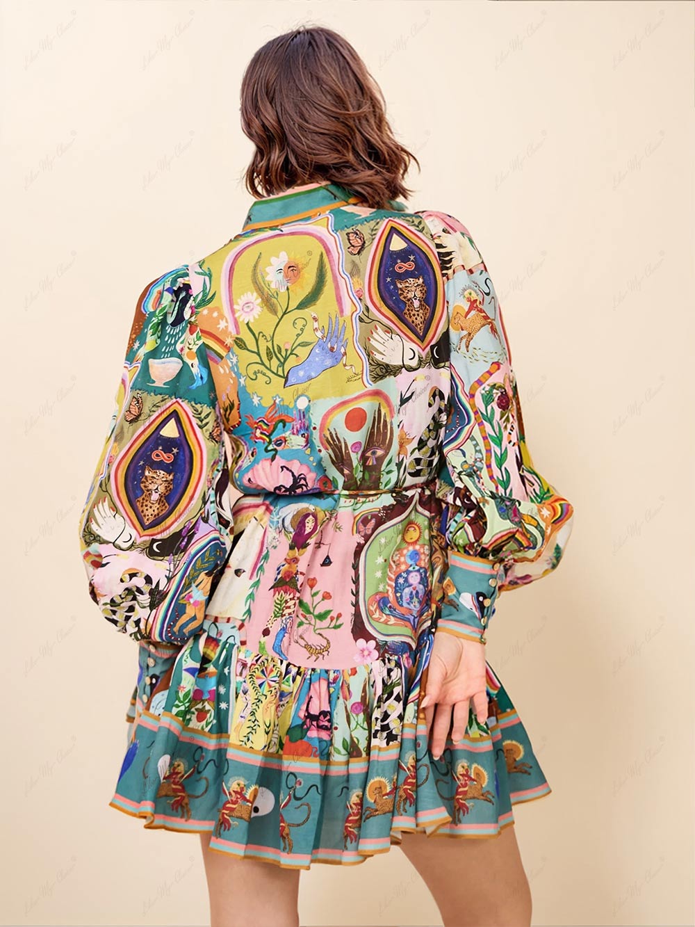 Effortless Multicolor Novelty Print Mini Dress for Women with Stand Collar Balloon Sleeve Tiered Ruffle Bohemian Style