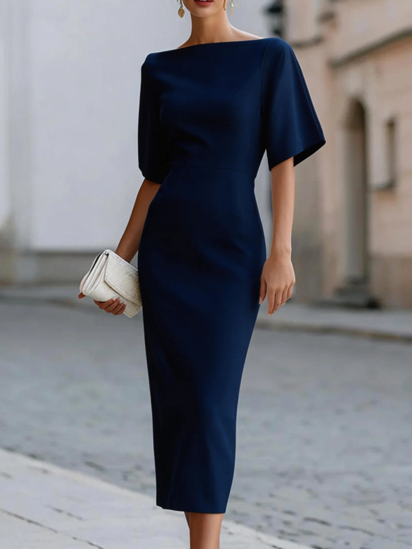 Elegant Sheath Midi Dress for Women with Boat Neck Flutter Sleeve Column Formal Style