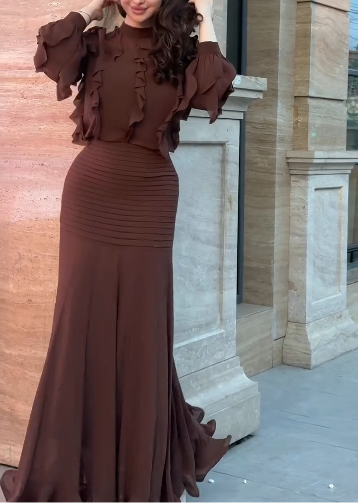 Elegant Brown Ruffle Maxi Dress for Women with High Neck Balloon Sleeve Ruched Mermaid Style