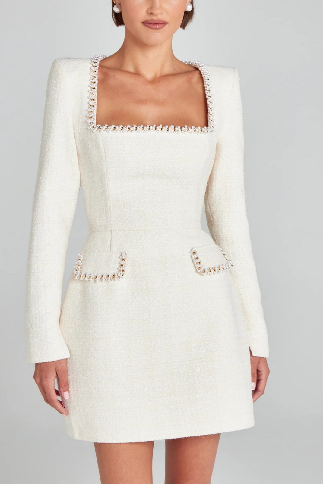 Elegant Tweed Mini Dress for Women with High Neck Cap Sleeve Pearl Embellished Cocktail Style