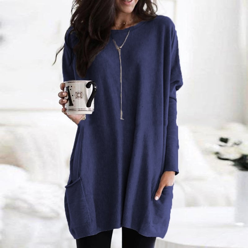 Comfortable Knit Tunic Dress for Women with Round Neck Long Sleeve Oversized Pocket Relaxed Style