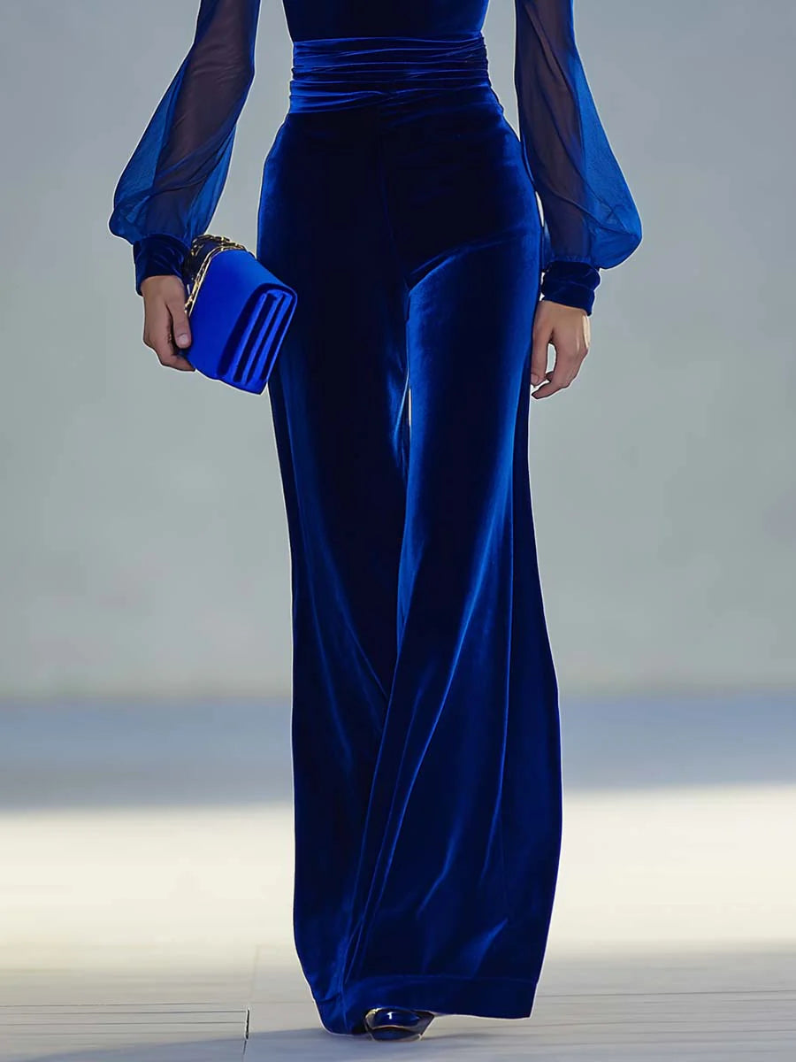 Elegant Velvet Wide Leg Jumpsuit for Women with V Neck Long Sleeve Sheer Mesh Formal Style