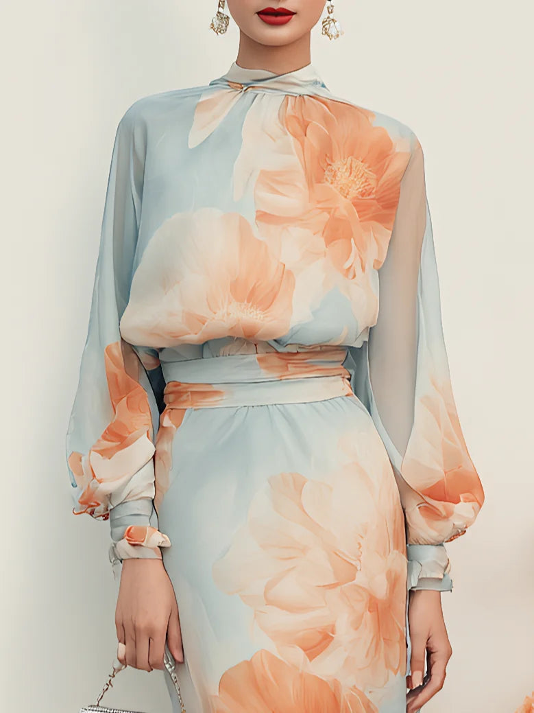 Elegant Light Blue Floral Midi Dress for Women with Keyhole Neck Bishop Sleeve Belted Flowing Style