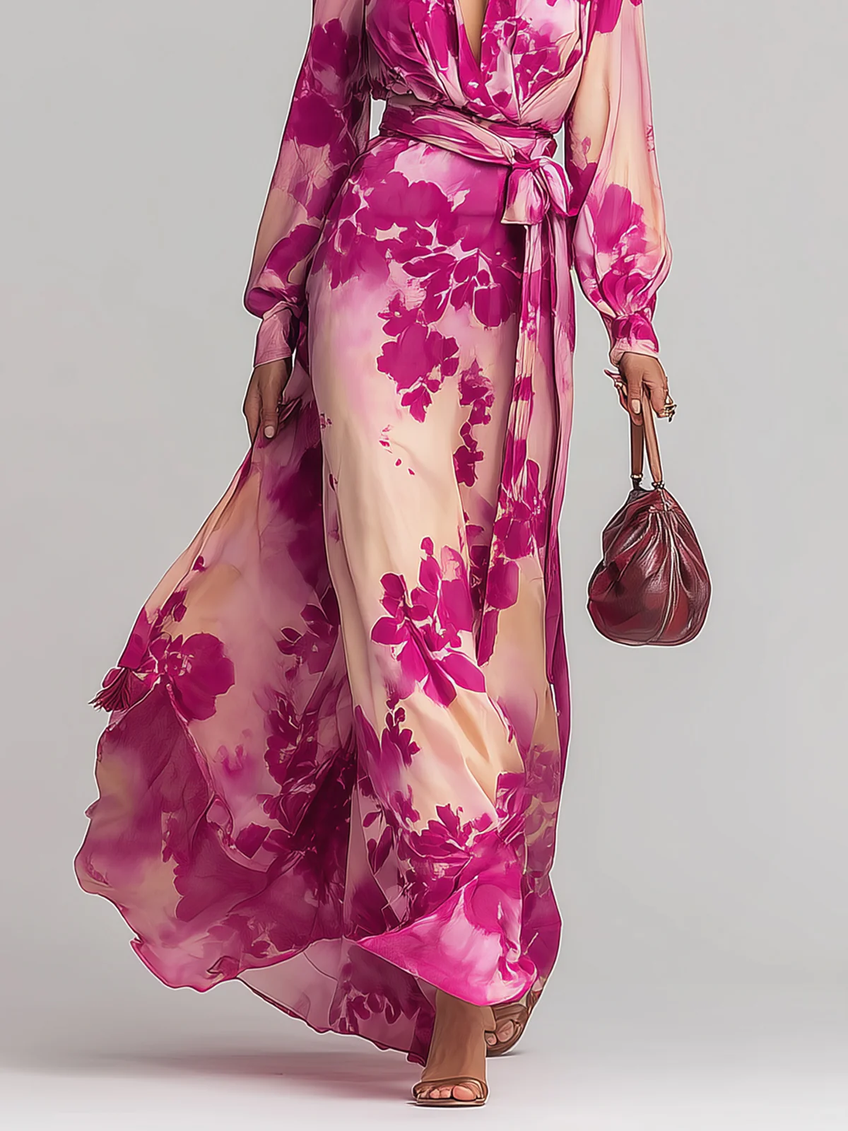 Elegant Rose Red Floral Maxi Dress for Women with V Neck Balloon Sleeve Wrap Sash Flowing Style