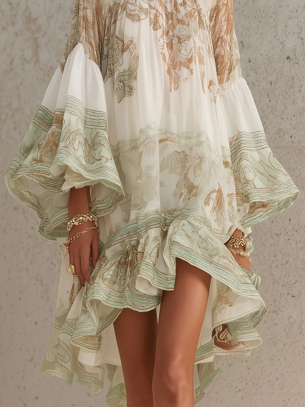 Effortless Green Print Mini Dress for Women with High Neck Bell Sleeve Tiered Ruffle Bohemian Style