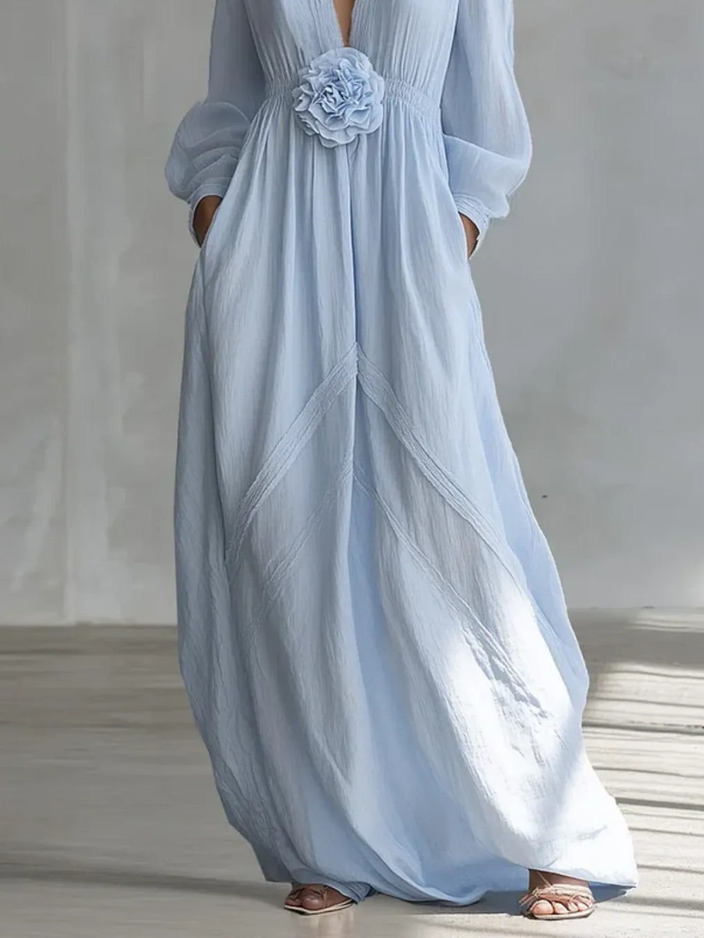 Elegant Blue Maxi Dress for Women with V Neck Balloon Sleeve Floral Applique Flowing Style