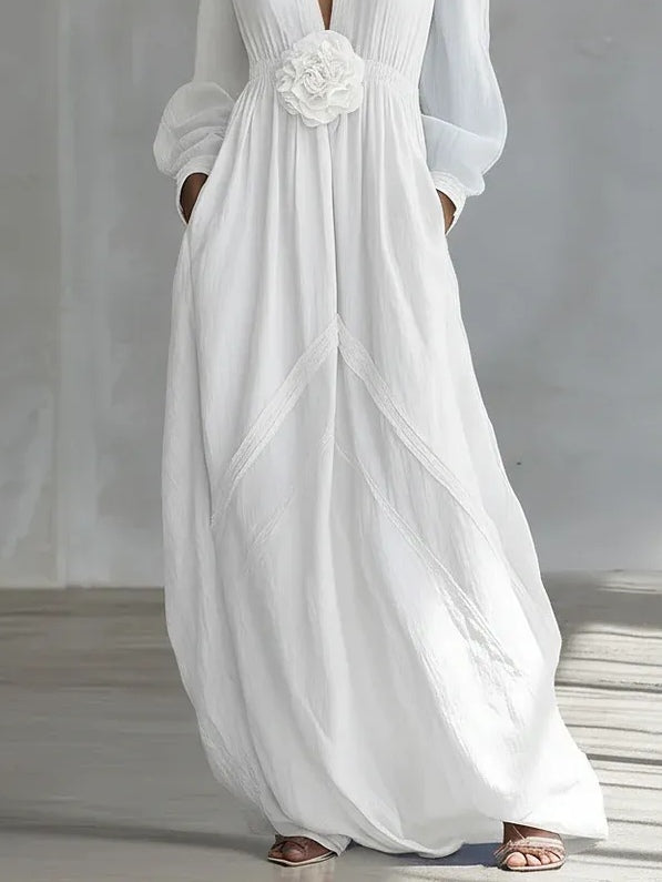 Elegant White Maxi Dress for Women with V Neck Balloon Sleeve Floral Applique Flowing Bohemian Style
