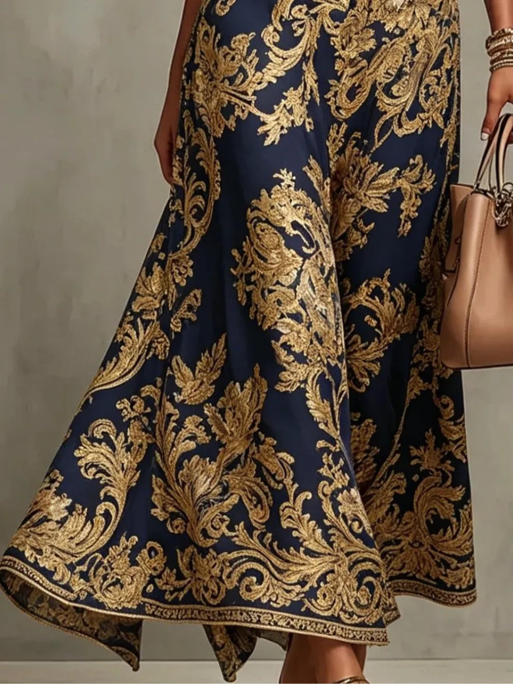Elegant Navy Gold Baroque Print Maxi Dress for Women with Mock Neck Sleeveless Belted Flowing Formal Style
