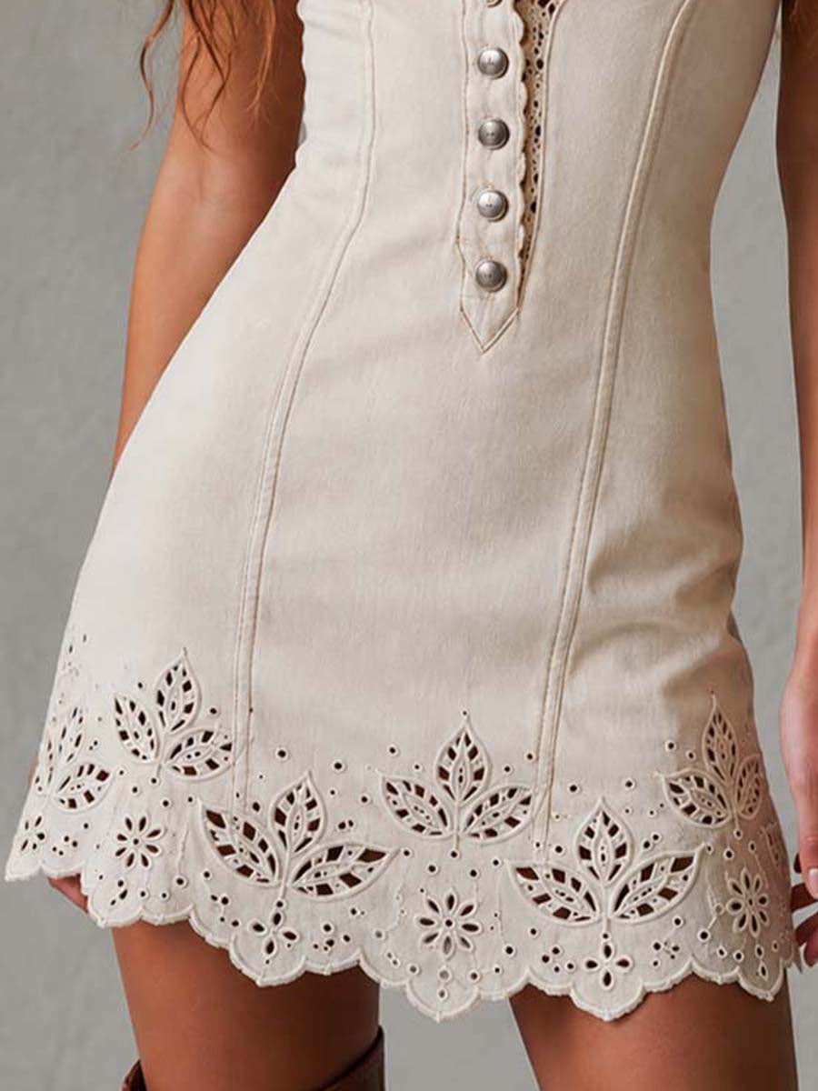 Elegant Ivory Crochet Lace Denim Mini Dress for Women with Halter V Neck Button Front Scalloped Eyelet Bohemian Style