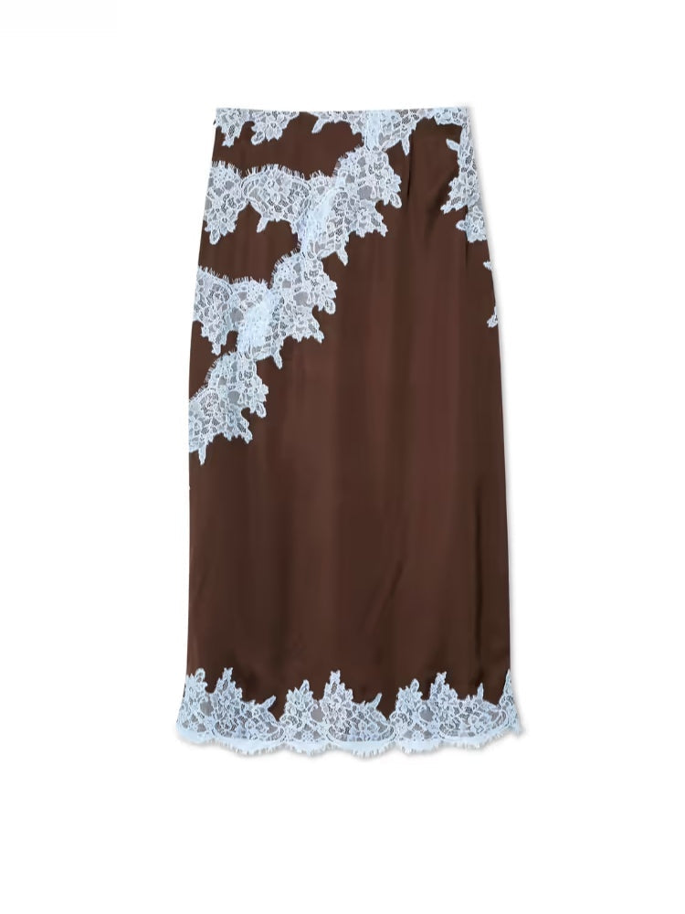 Elegant Brown Satin Maxi Dress for Women with Halter Neck Lace Trim Flowing Style
