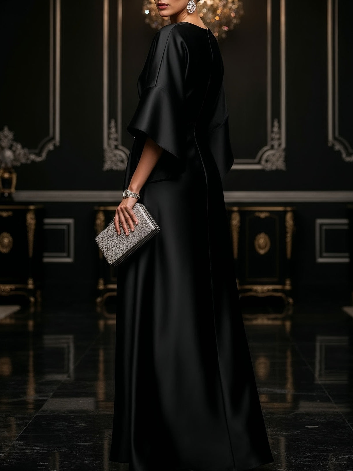 Elegant Satin Maxi Dress for Women with Round Neck Bell Sleeve Draped Embellished Flowing Style