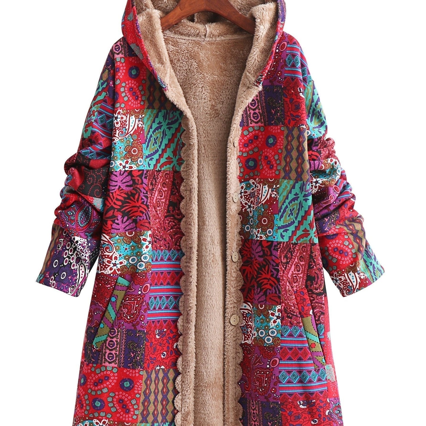 Effortless Patchwork Print Hooded Coat for Women with Long Sleeve Button Front Faux Fur Lined Oversized Style