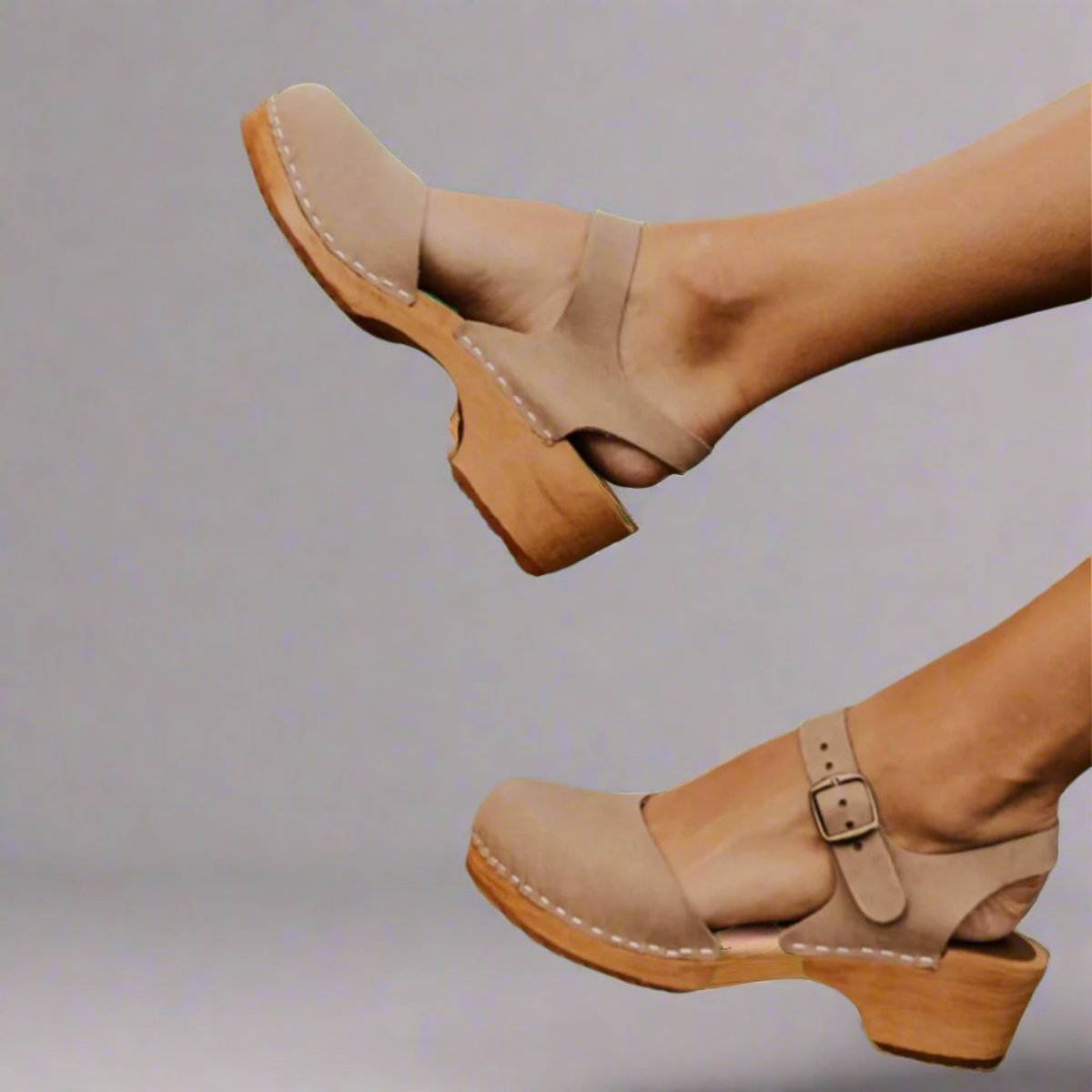 Stylish Leather Clog Sandal for Women with Buckle Ankle Strap Wooden Heel Mule Style