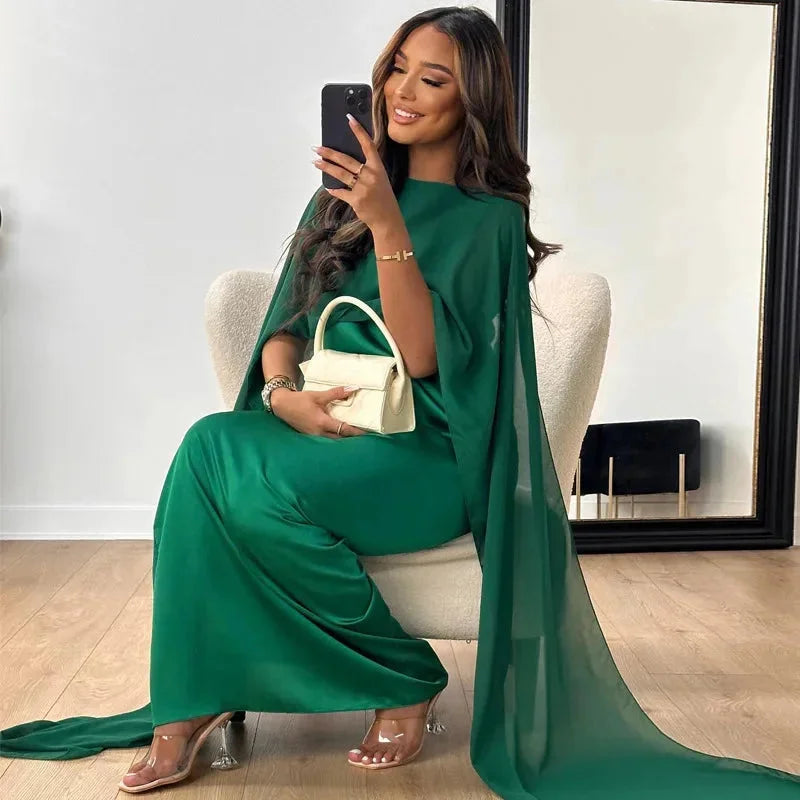 Elegant Chiffon Kaftan Maxi Dress for Women with Round Neck Cape Sleeve Flowing Style
