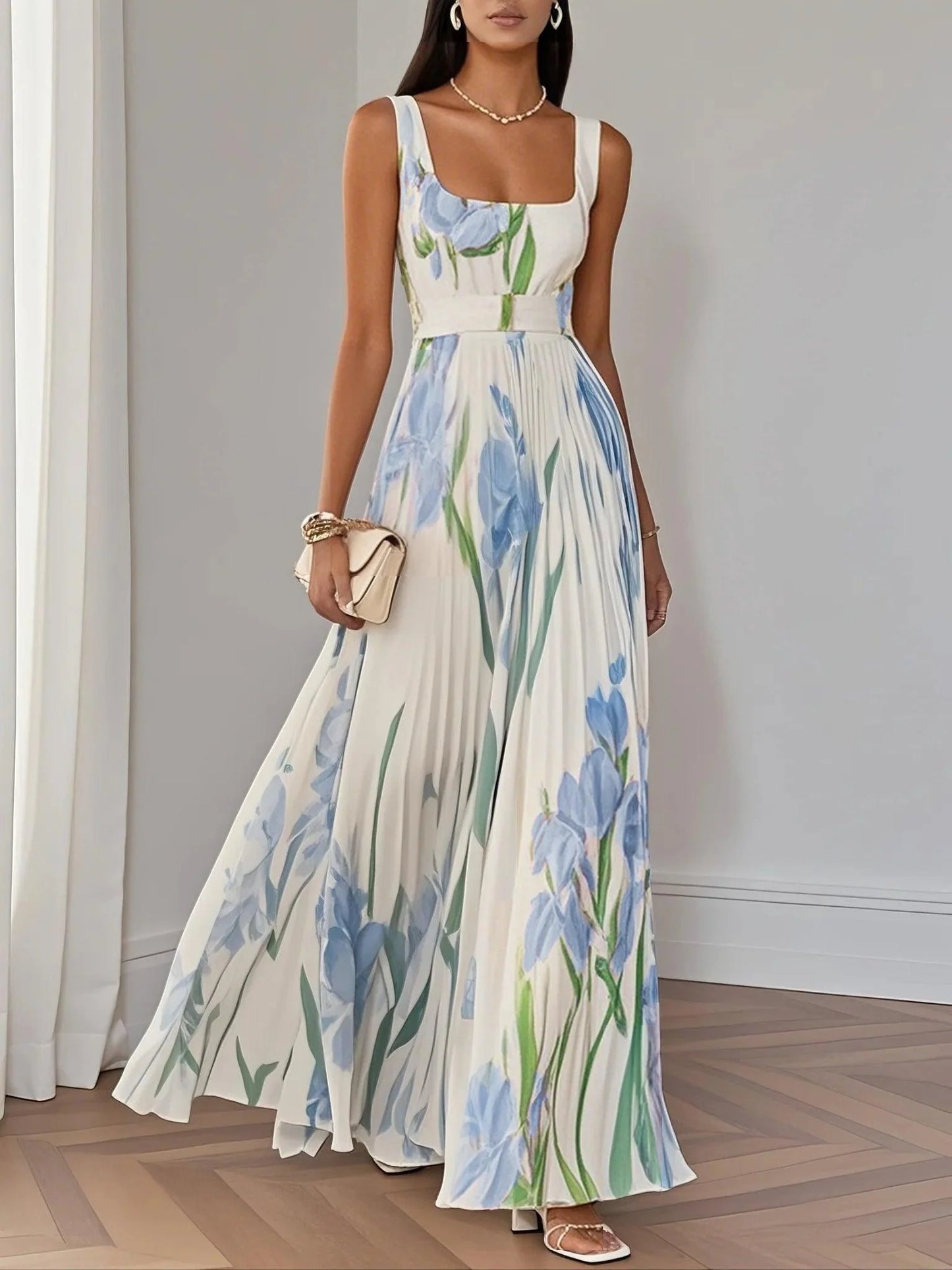 Elegant Floral Maxi Dress for Women with Square Neck Sleeveless Belted Pleated Wedding Guest Style