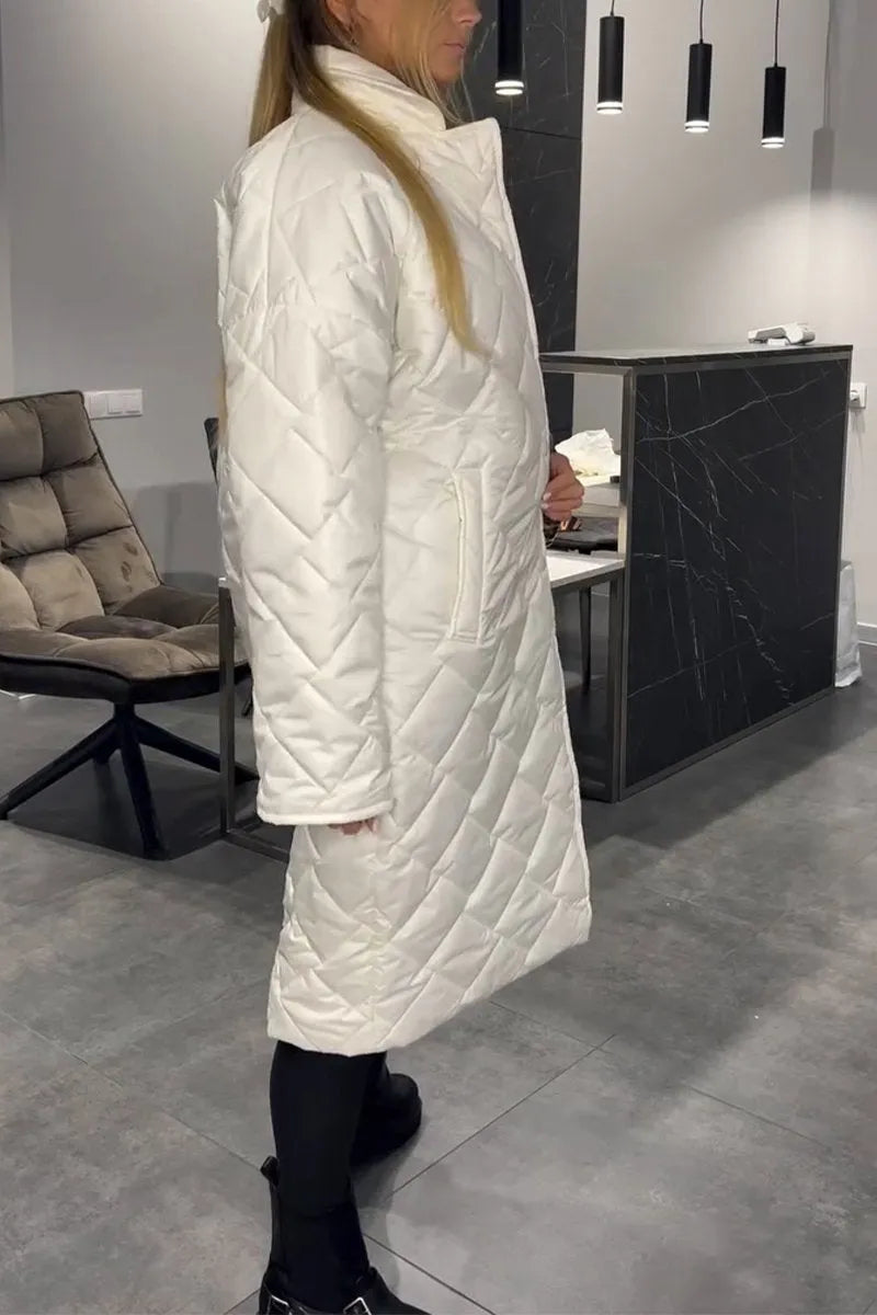 Elegant Quilted Longline Coat for Women with Notch Collar Long Sleeve Leopard Trim Oversized Style
