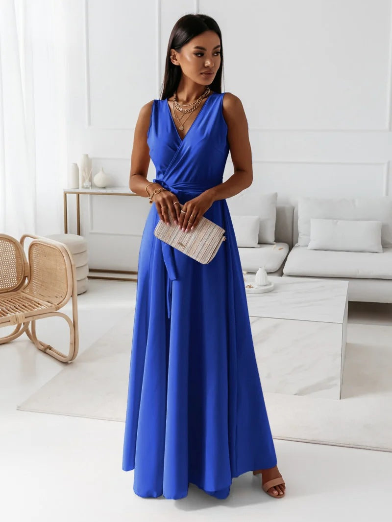 Elegant Wrap Maxi Dress for Women with V Neck Sleeveless Tie Waist Flowing Style
