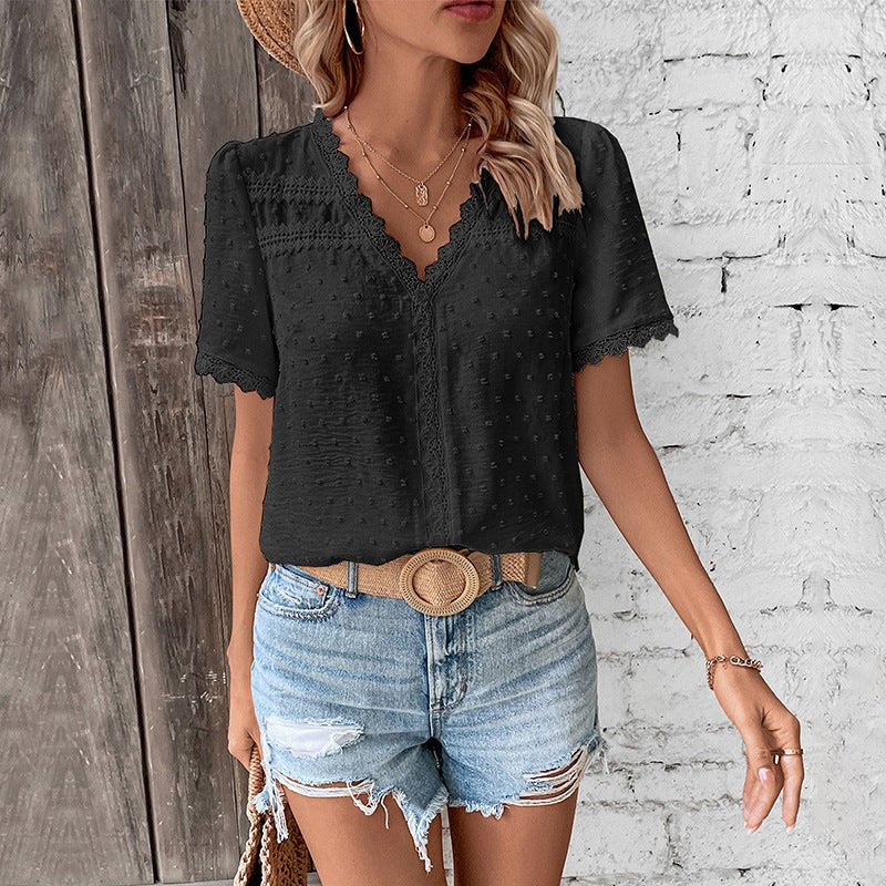 Effortless Swiss Dot Blouse for Women with V Neck Short Sleeve Lace Trim Casual Style