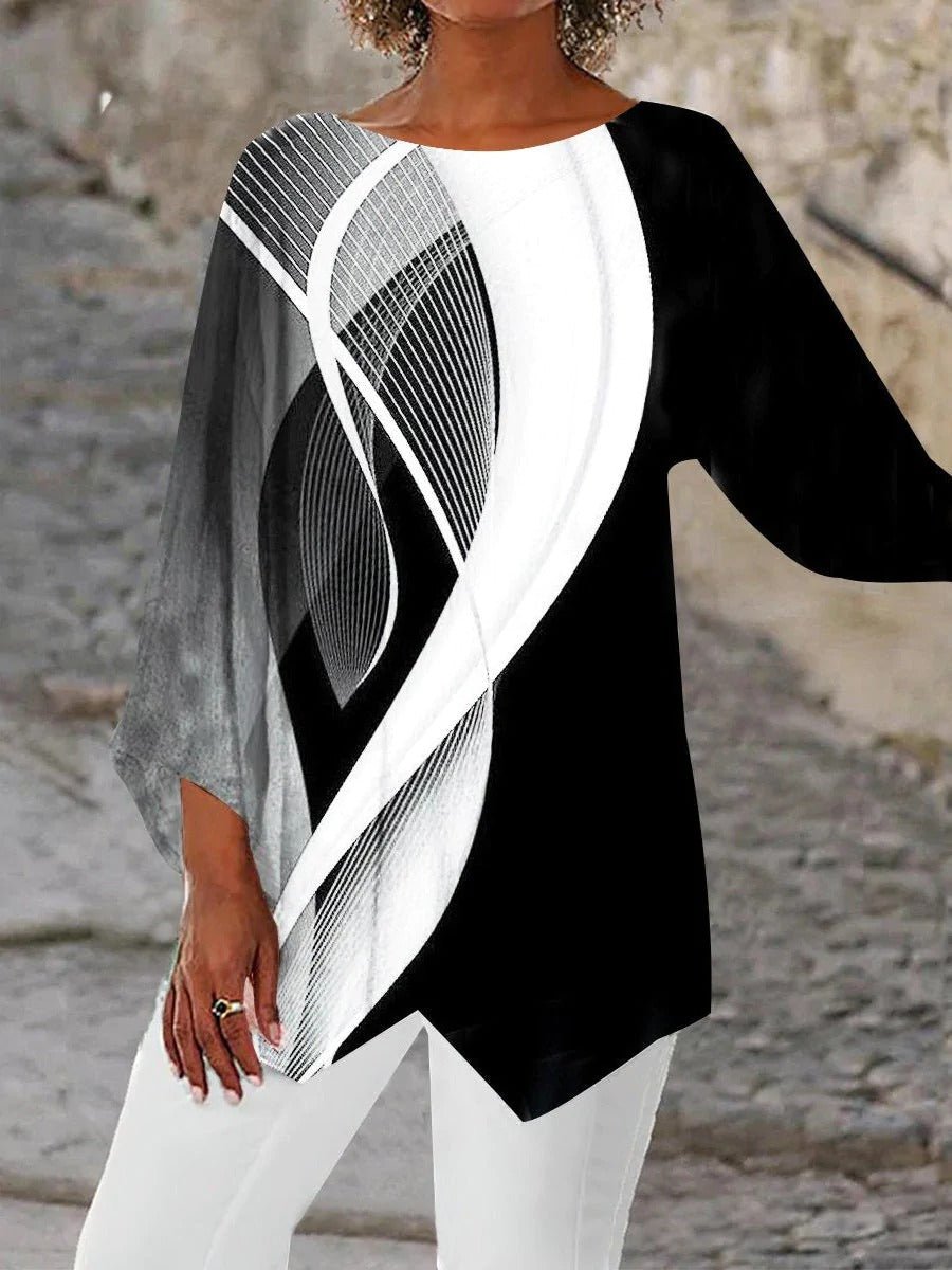 Effortless Black and White Geometric Print Tunic Top for Women with Round Neck Batwing Sleeve Asymmetric Hem Relaxed Style