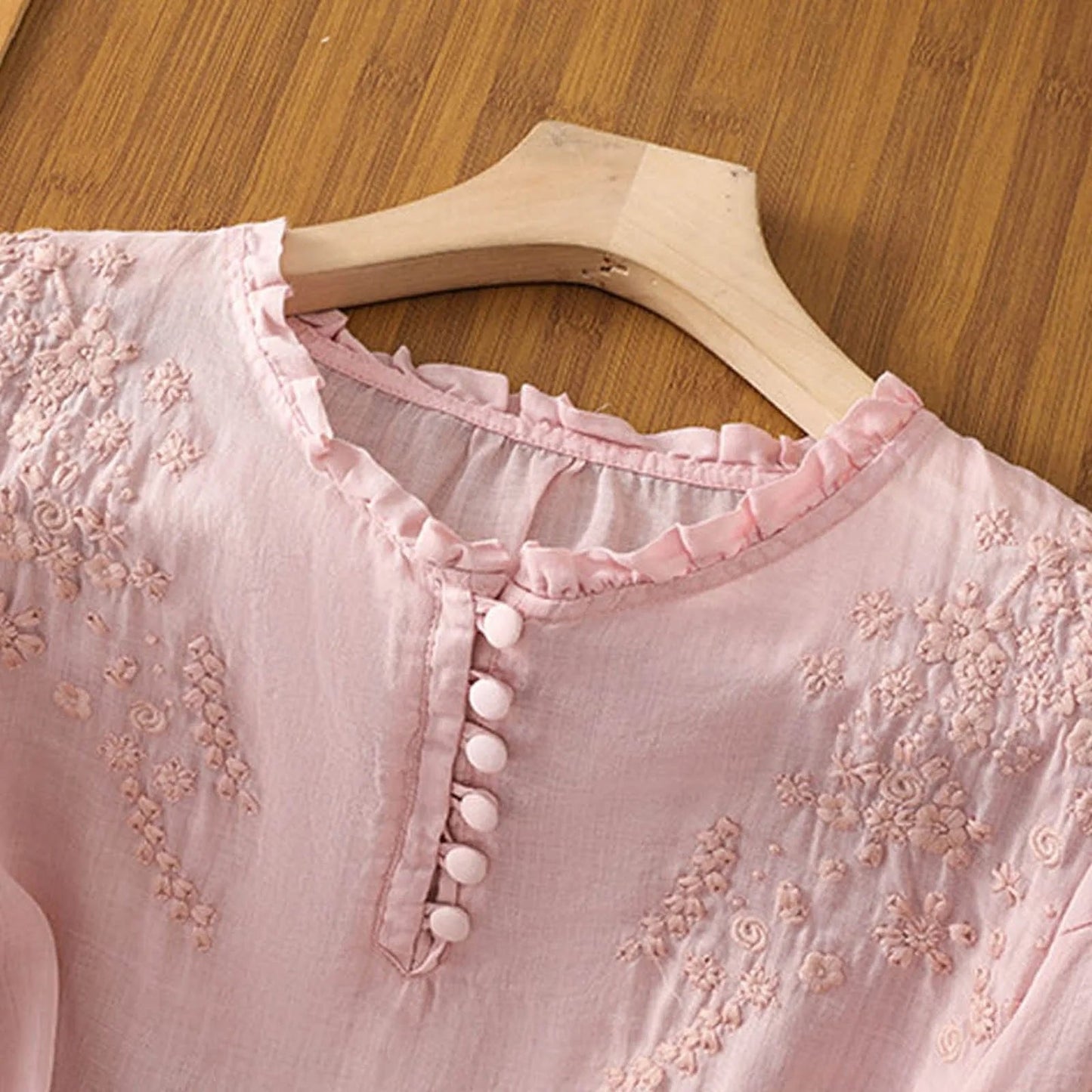 Effortless Embroidered Linen Blouse for Women with V Neck Half Sleeve Ruffled Button Front Boho Style