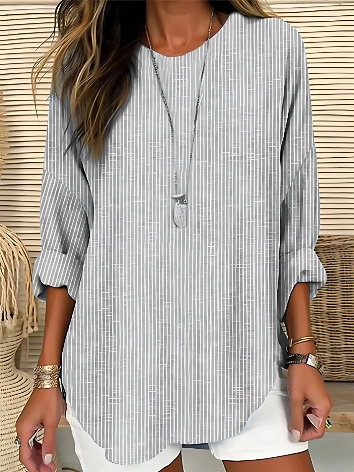Effortless Striped Tunic Blouse for Women with Round Neck Cuffed Sleeve Curved Hem Relaxed Style