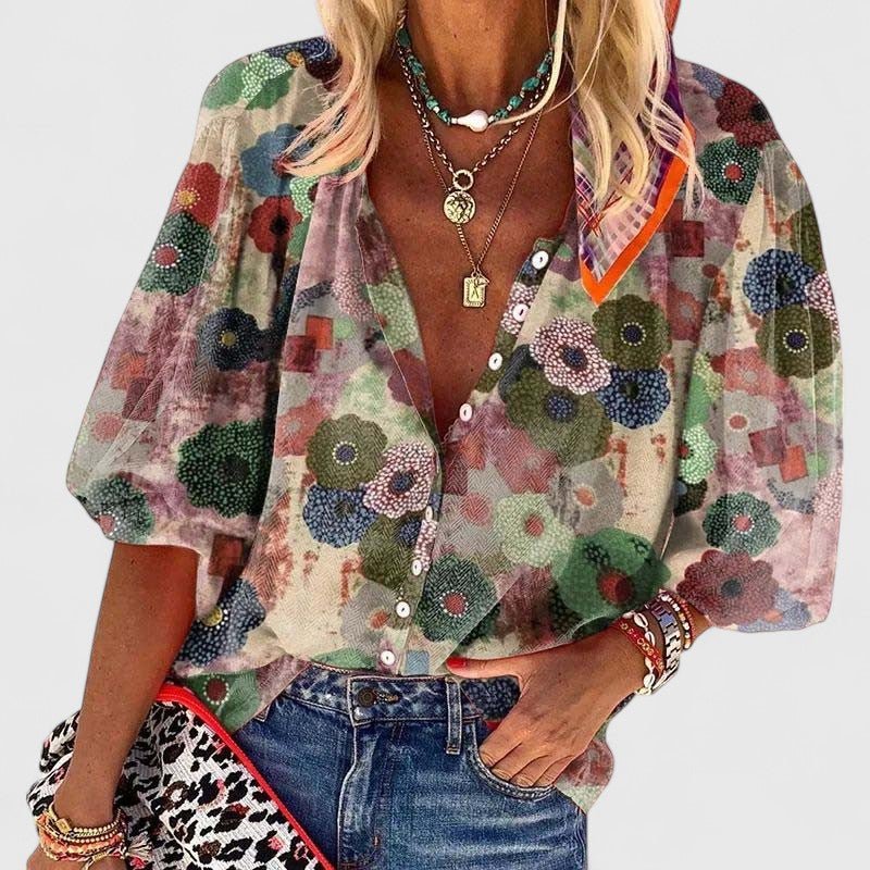Effortless Green Floral Blouse for Women with V Neck Balloon Sleeve Button Front Relaxed Style