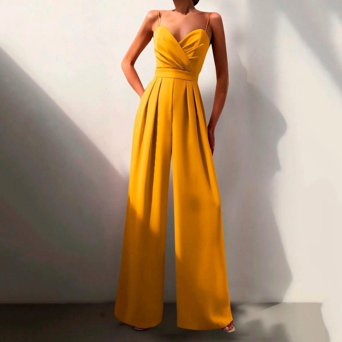 Elegant Wide Leg Jumpsuit for Women with V Neck Sleeveless Pleated Wrap Formal Style