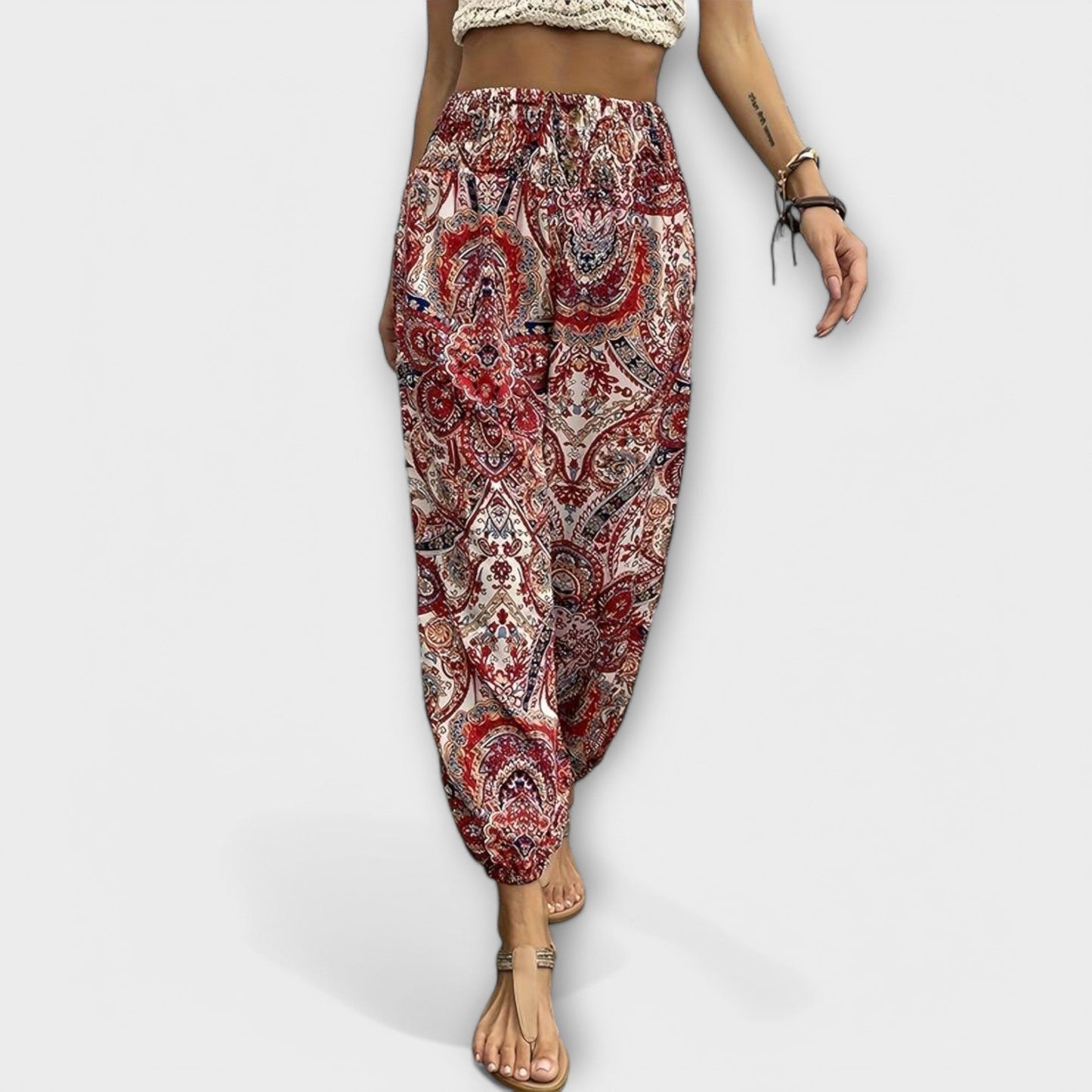 Effortless Boho Print Pants for Women with High Waist Button Front Tapered Ankle Cuff Flowing Style
