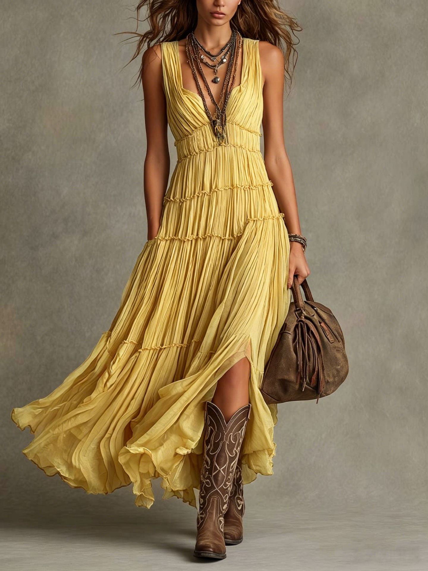 Effortless Pleated Chiffon Maxi Dress for Women with V Neck Sleeveless Tiered High Slit Bohemian Style