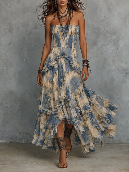 Effortless Blue Floral Maxi Dress for Women with Strapless Tiered Ruffle High Low Bohemian Style