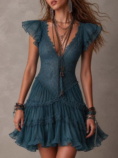 Effortless Blue Lace Mini Dress for Women with V Neck Flutter Sleeve Tiered Ruffle Bohemian Style
