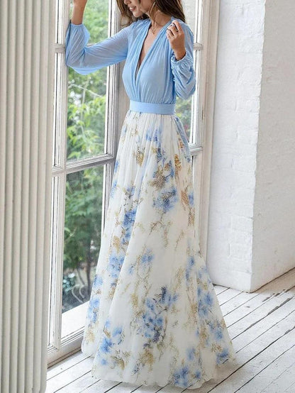Elegant Blue Floral Maxi Dress for Women with V Neck Bishop Sleeve Flowing Wedding Guest Style