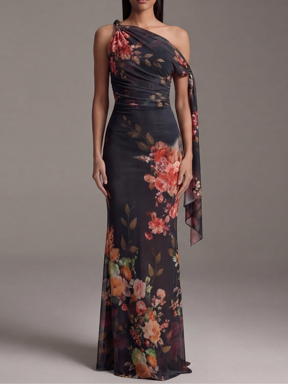 Elegant Black Floral Maxi Dress for Women with One Shoulder Draped Sleeve Column Flowing Formal Wedding Guest Style