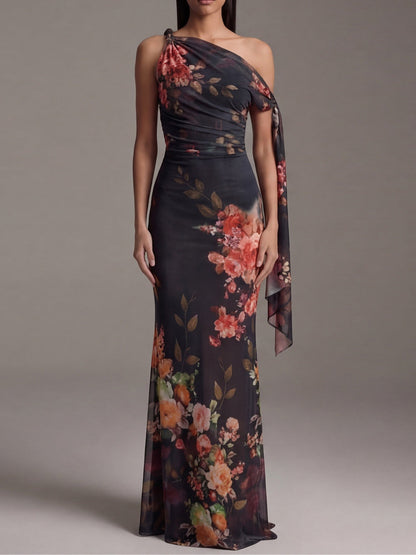 Elegant Black Floral Maxi Dress for Women with One Shoulder Draped Sleeve Column Flowing Formal Wedding Guest Style