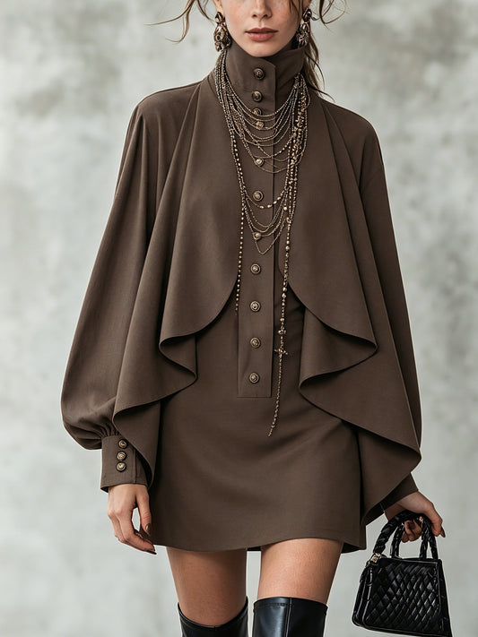 Elegant Chocolate Cape Mini Dress for Women with High Neck Bishop Sleeve Button Front Flowing Style