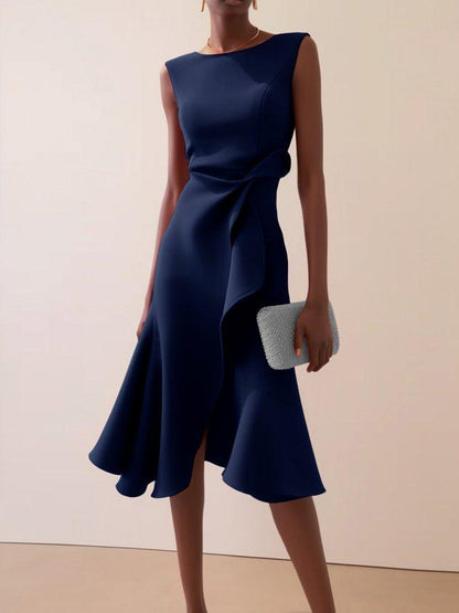 Elegant Draped Midi Dress for Women with Boat Neck Sleeveless Ruffle Hem Cocktail Style