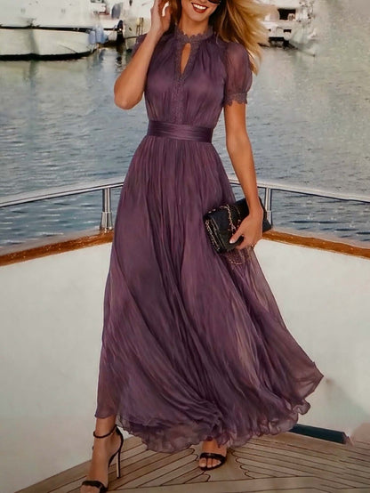 Elegant Chiffon Maxi Dress for Women with High Neck Lace Trim Puff Sleeve Flowing Wedding Guest Style