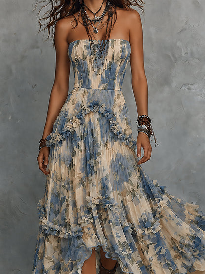 Effortless Blue Floral Maxi Dress for Women with Strapless Tiered Ruffle High Low Bohemian Style