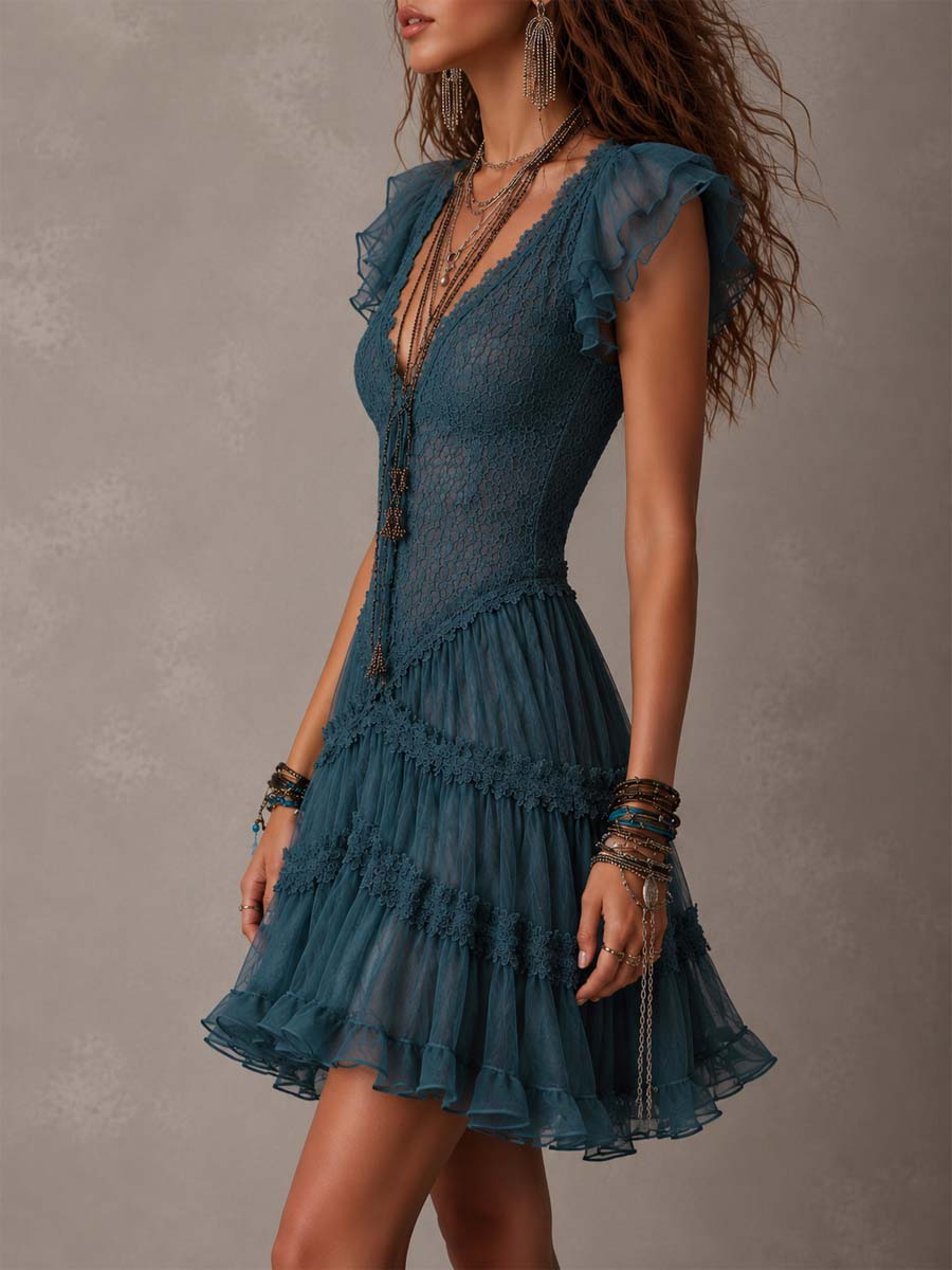 Effortless Blue Lace Mini Dress for Women with V Neck Flutter Sleeve Tiered Ruffle Bohemian Style