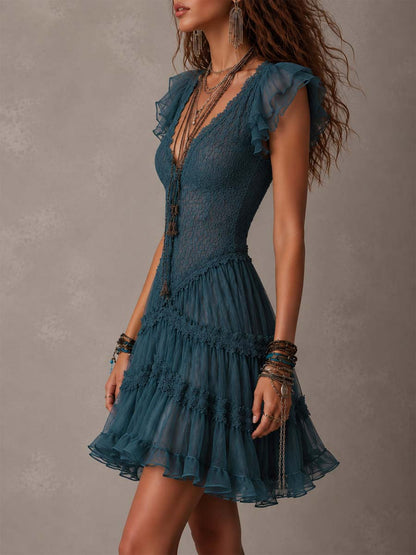 Effortless Blue Lace Mini Dress for Women with V Neck Flutter Sleeve Tiered Ruffle Bohemian Style