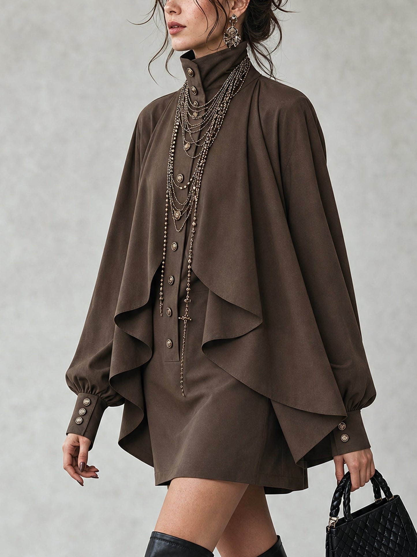 Elegant Chocolate Cape Mini Dress for Women with High Neck Bishop Sleeve Button Front Flowing Style