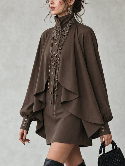 Elegant Chocolate Cape Mini Dress for Women with High Neck Bishop Sleeve Button Front Flowing Style