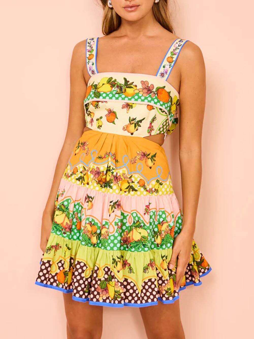 Effortless Multicolor Citrus Print Mini Dress for Women with Square Neck Sleeveless Cutout Tiered Ruffle Boho Style