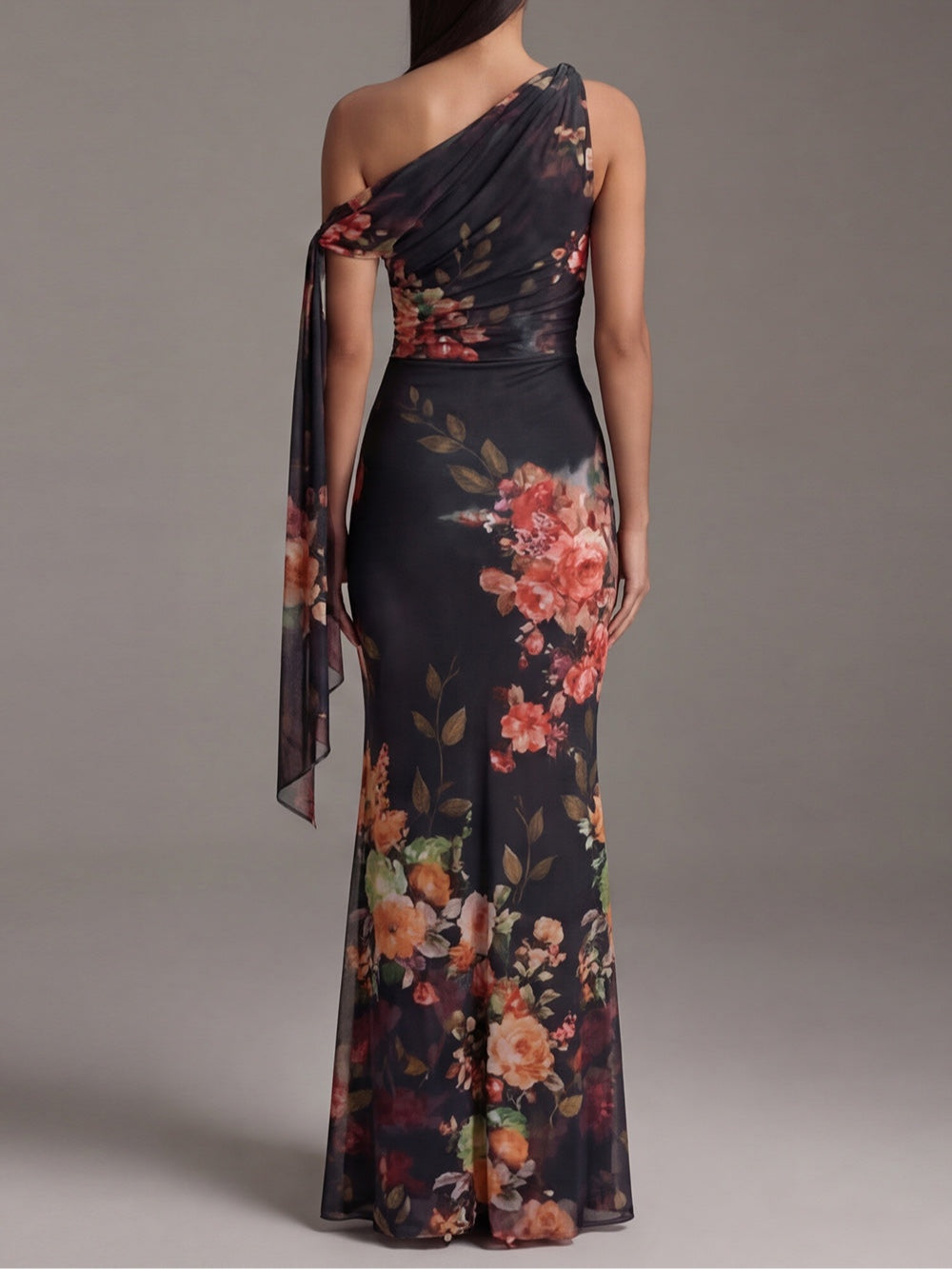 Elegant Black Floral Maxi Dress for Women with One Shoulder Draped Sleeve Column Flowing Formal Wedding Guest Style