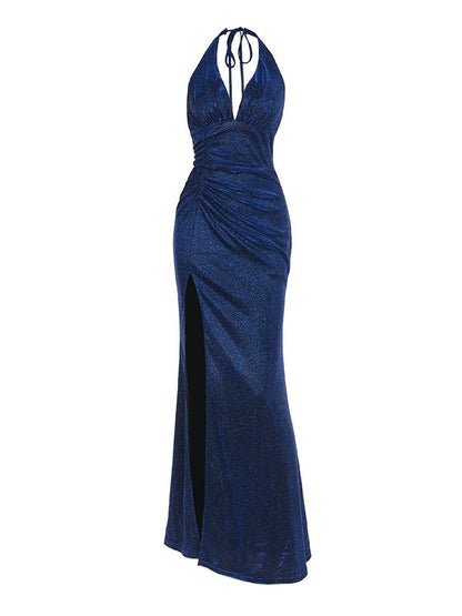 Elegant Sequin Mermaid Maxi Dress for Women with Halter V Neck Ruched High Slit Formal Party Style
