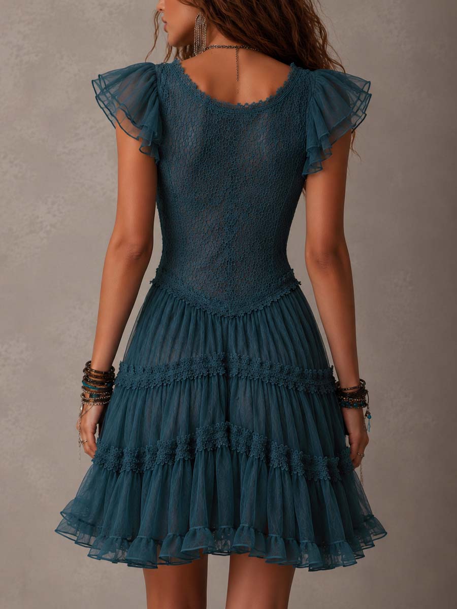 Effortless Blue Lace Mini Dress for Women with V Neck Flutter Sleeve Tiered Ruffle Bohemian Style